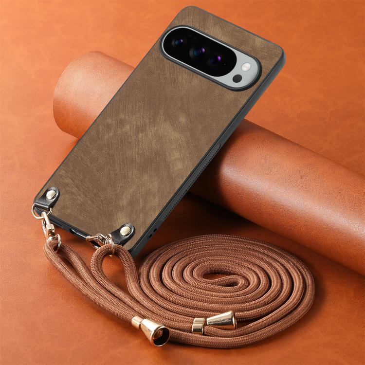 For Google Pixel 10 Pro XL Vintage Leather PC Back Cover Phone Case with Crossbody Strap