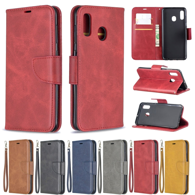 Retro Lambskin Texture Pure Color Horizontal Flip PU Leather Case for Galaxy A20&A30, with Holder & Card Slots & Wallet & Lanyard