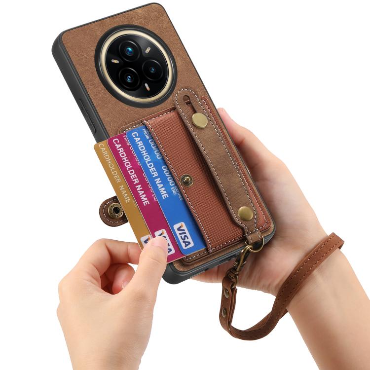 For Realme 14 Pro Retro Cross Wristband Wallet Leather Back Phone Case