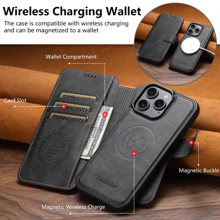 For iPhone 16 Suteni Q05 2-in-1 Multi-function Detachable Wallet MagSafe Phone Case