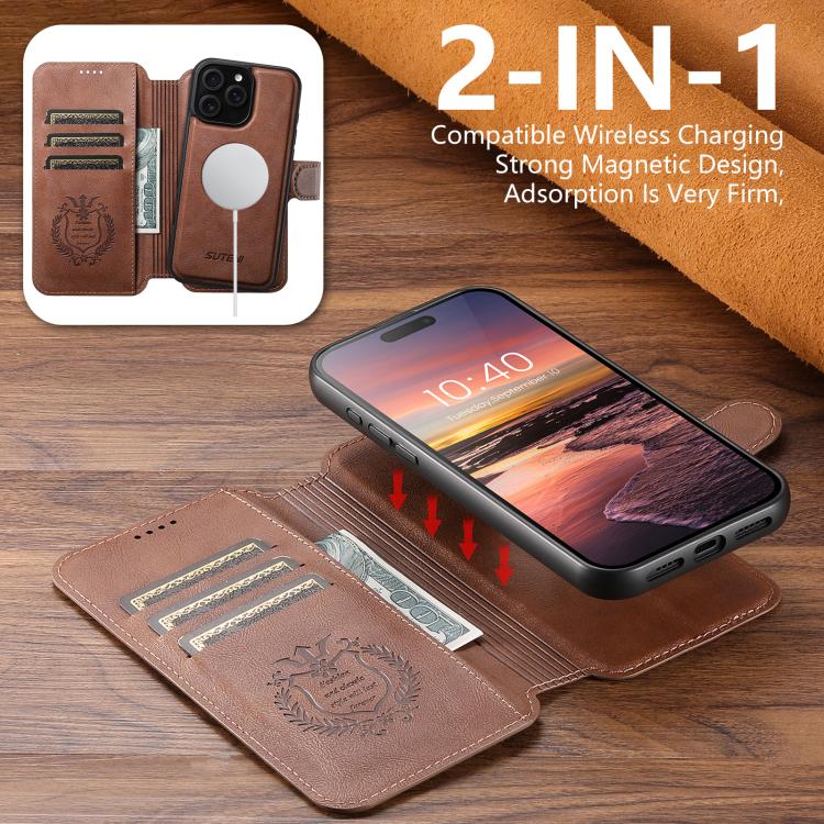 For iPhone 12 Pro Max Suteni Q05 2-in-1 Multi-function Detachable Wallet MagSafe Phone Case
