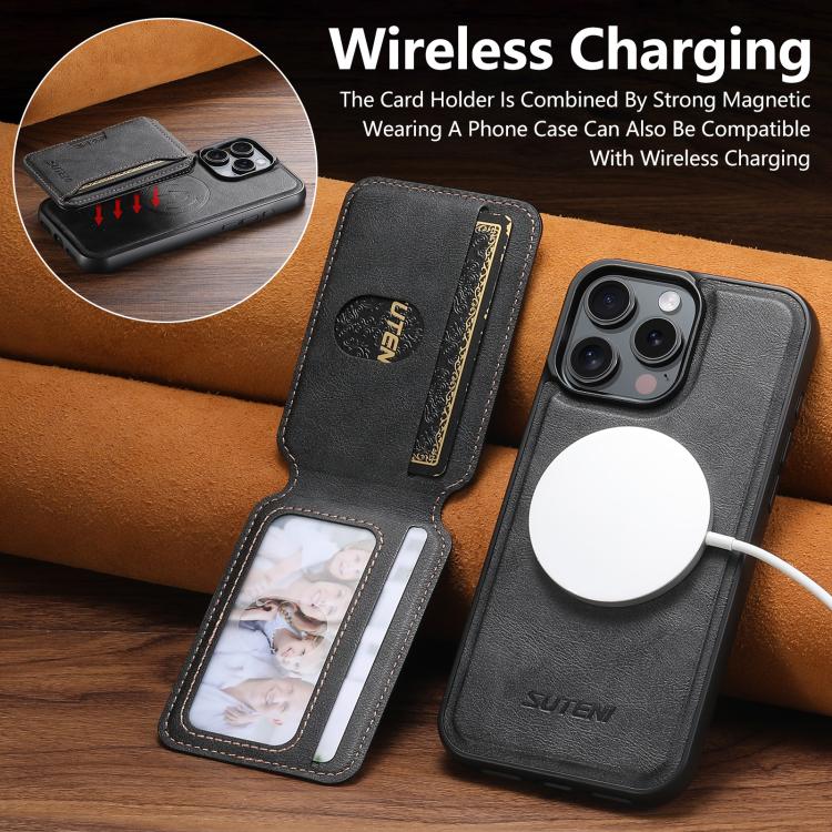 For iPhone 16 Pro Max Suteni M3 Card Bag MagSafe Cowhide Texture Leather Phone Case