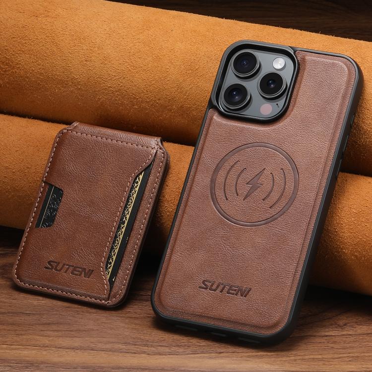 For iPhone 16 Pro Max Suteni M3 Card Bag MagSafe Cowhide Texture Leather Phone Case
