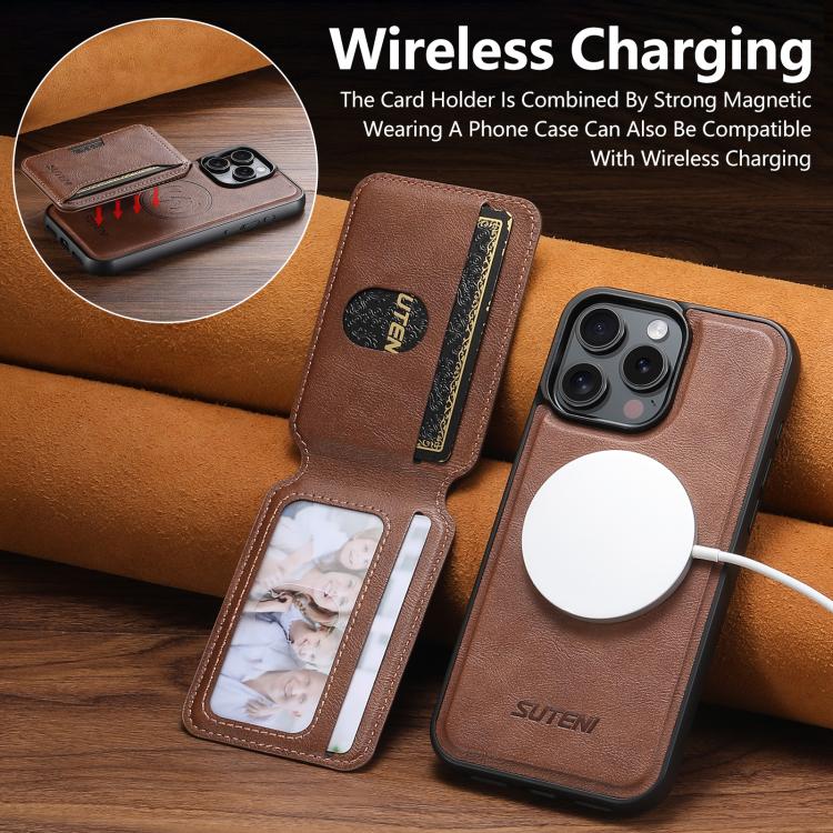 For iPhone 15 Pro Suteni M3 Card Bag MagSafe Cowhide Texture Leather Phone Case