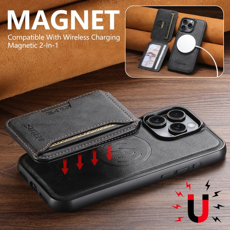 For iPhone 14 Plus Suteni M3 Card Bag MagSafe Cowhide Texture Leather Phone Case