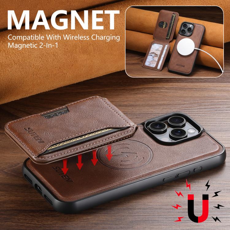 For iPhone 14 Plus Suteni M3 Card Bag MagSafe Cowhide Texture Leather Phone Case