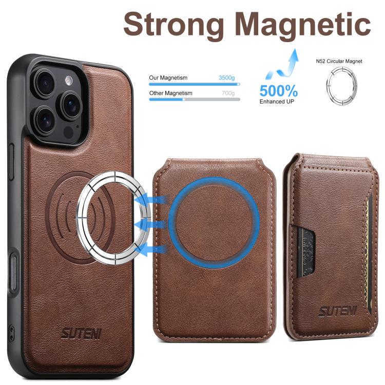 For iPhone 14 Suteni M3 Card Bag MagSafe Cowhide Texture Leather Phone Case