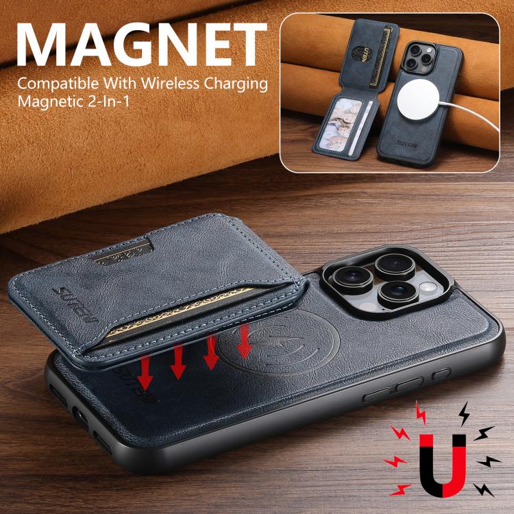 For iPhone 14 Suteni M3 Card Bag MagSafe Cowhide Texture Leather Phone Case