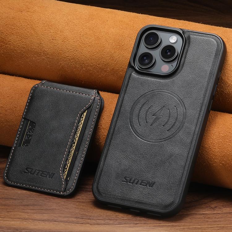 For iPhone 14 Pro Suteni M3 Card Bag MagSafe Cowhide Texture Leather Phone Case