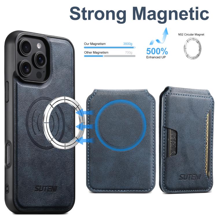 For iPhone 14 Pro Suteni M3 Card Bag MagSafe Cowhide Texture Leather Phone Case