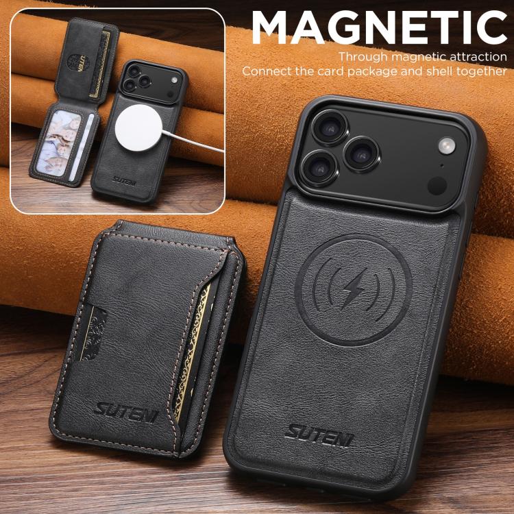 For iPhone 17 Pro Max Suteni M3 Card Bag MagSafe Cowhide Texture Leather Phone Case