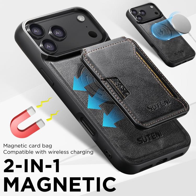 For iPhone 17 Pro Max Suteni M3 Card Bag MagSafe Cowhide Texture Leather Phone Case