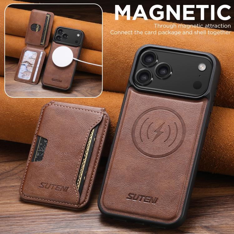 For iPhone 17 Pro Max Suteni M3 Card Bag MagSafe Cowhide Texture Leather Phone Case