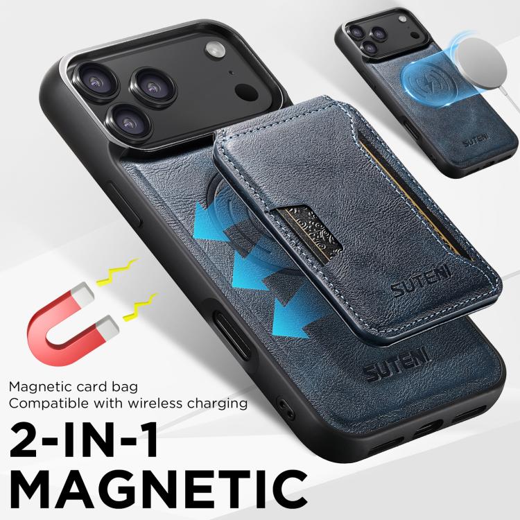 For iPhone 17 Pro Max Suteni M3 Card Bag MagSafe Cowhide Texture Leather Phone Case