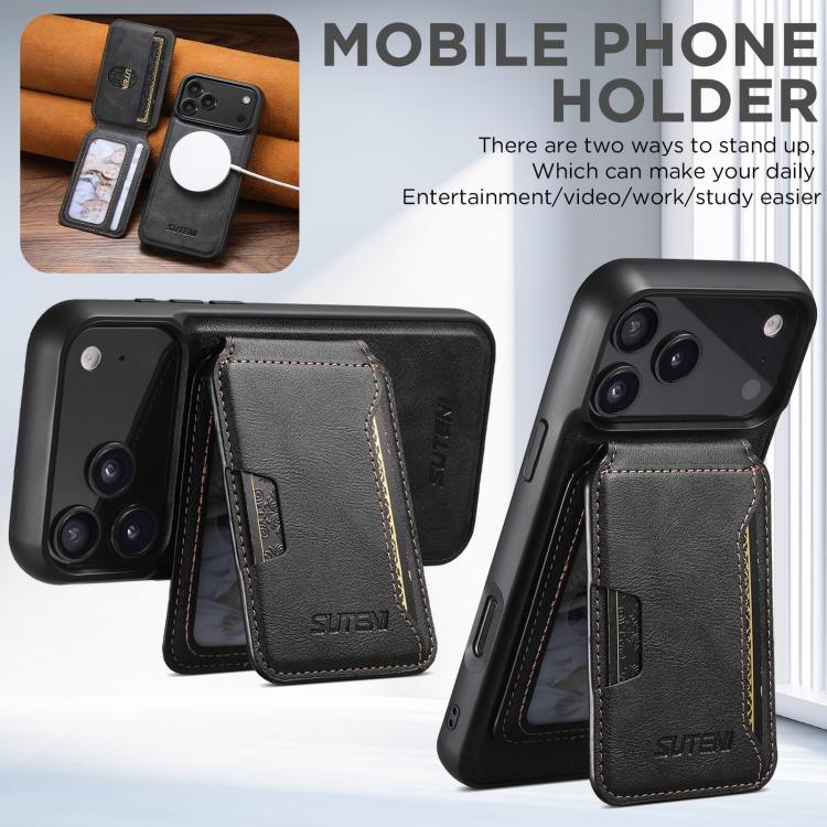 For iPhone 17 Pro Suteni M3 Card Bag MagSafe Cowhide Texture Leather Phone Case