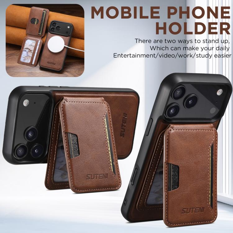 For iPhone 17 Pro Suteni M3 Card Bag MagSafe Cowhide Texture Leather Phone Case