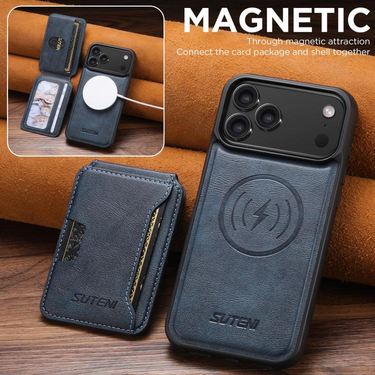For iPhone 17 Pro Suteni M3 Card Bag MagSafe Cowhide Texture Leather Phone Case