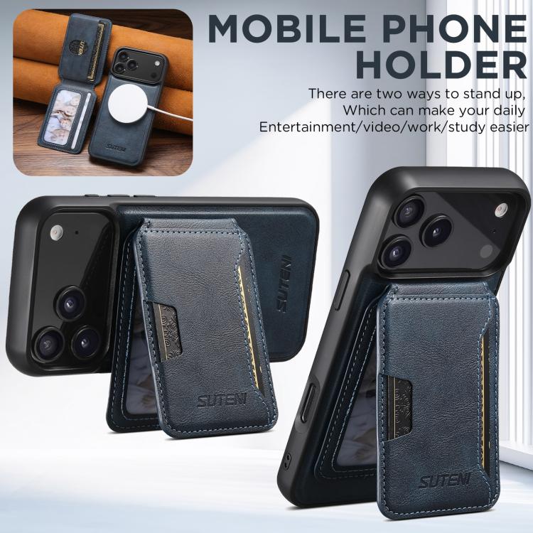 For iPhone 17 Pro Suteni M3 Card Bag MagSafe Cowhide Texture Leather Phone Case