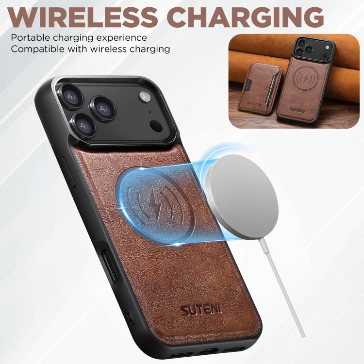 For iPhone 17 Suteni M3 Card Bag MagSafe Cowhide Texture Leather Phone Case