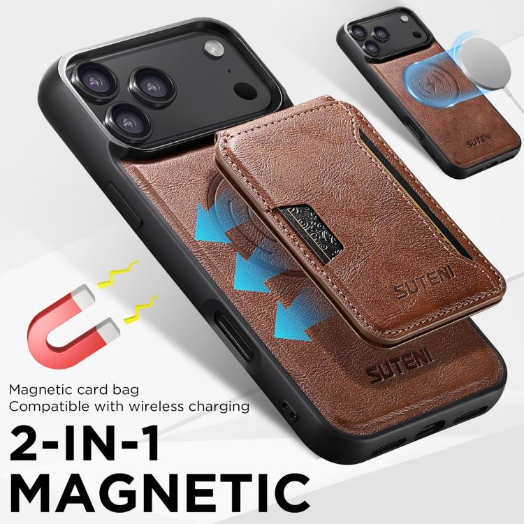 For iPhone 17 Suteni M3 Card Bag MagSafe Cowhide Texture Leather Phone Case