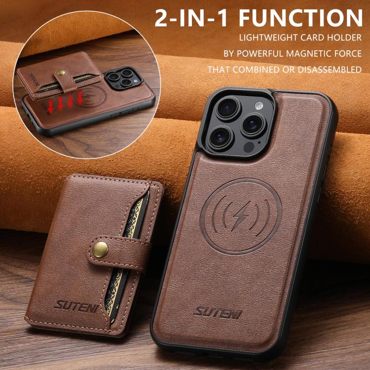 For iPhone 15 Suteni M4 Magnetic Card Bag MagSafe Leather Phone Case