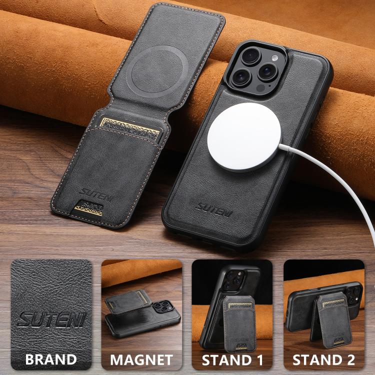 For iPhone 16 Pro Max Suteni M5 Magnetic Card Bag MagSafe Cowhide Texture Leather Phone Case