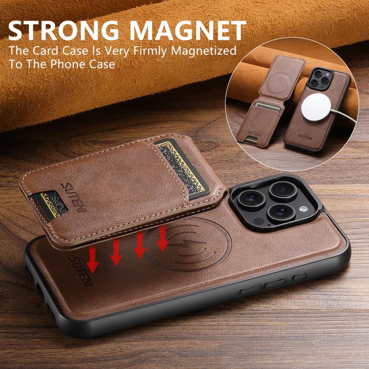 For iPhone 16 Plus Suteni M5 Magnetic Card Bag MagSafe Cowhide Texture Leather Phone Case
