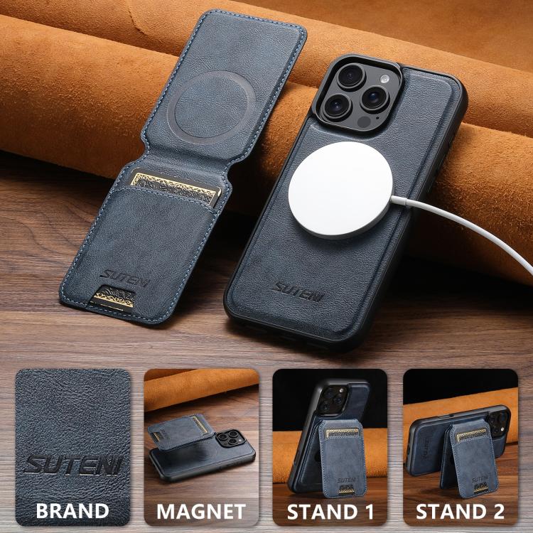 For iPhone 16 Plus Suteni M5 Magnetic Card Bag MagSafe Cowhide Texture Leather Phone Case