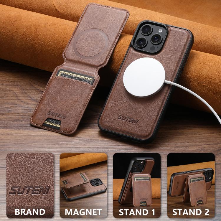 For iPhone 16 Suteni M5 Magnetic Card Bag MagSafe Cowhide Texture Leather Phone Case