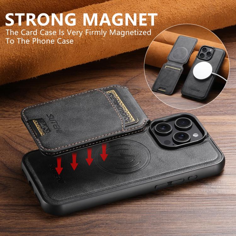 For iPhone 15 Pro Suteni M5 Magnetic Card Bag MagSafe Cowhide Texture Leather Phone Case