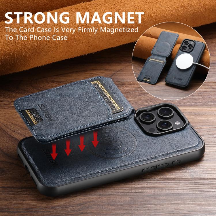 For iPhone 15 Plus Suteni M5 Magnetic Card Bag MagSafe Cowhide Texture Leather Phone Case