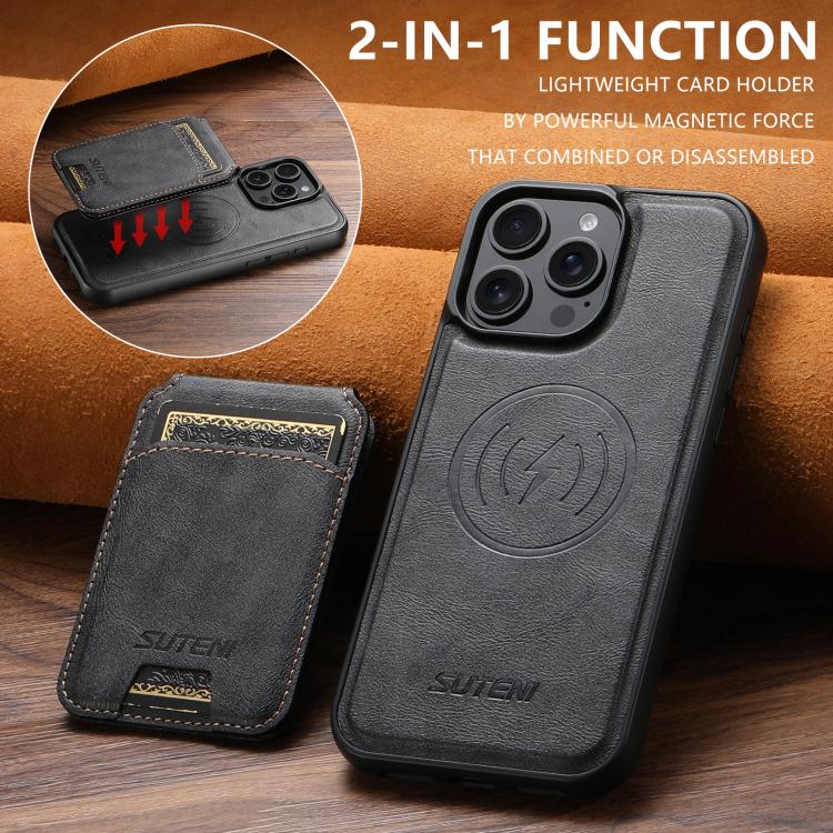 For iPhone 15 Suteni M5 Magnetic Card Bag MagSafe Cowhide Texture Leather Phone Case