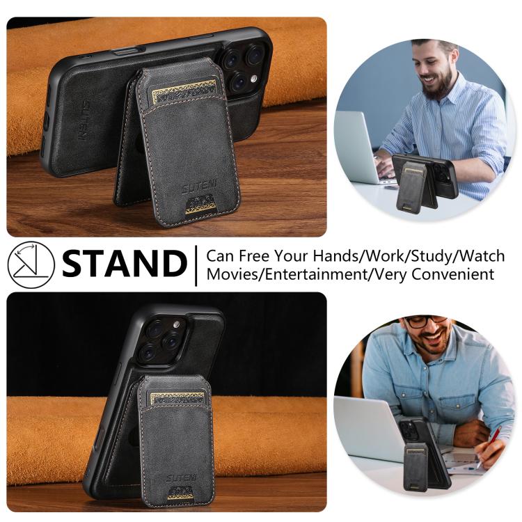 For iPhone 14 Plus Suteni M5 Magnetic Card Bag MagSafe Cowhide Texture Leather Phone Case