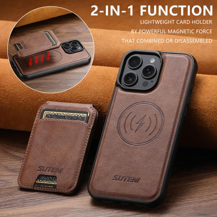For iPhone 14 Plus Suteni M5 Magnetic Card Bag MagSafe Cowhide Texture Leather Phone Case