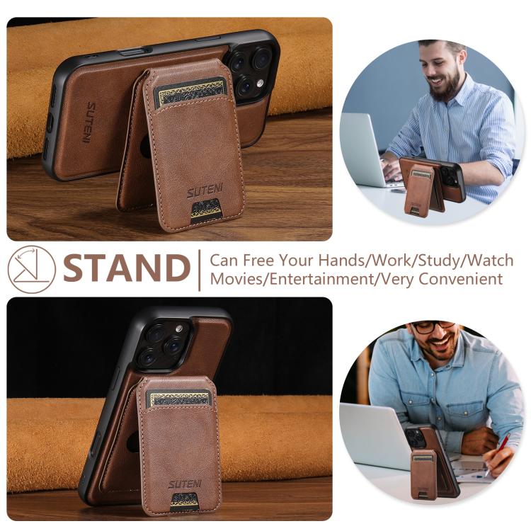For iPhone 14 Suteni M5 Magnetic Card Bag MagSafe Cowhide Texture Leather Phone Case
