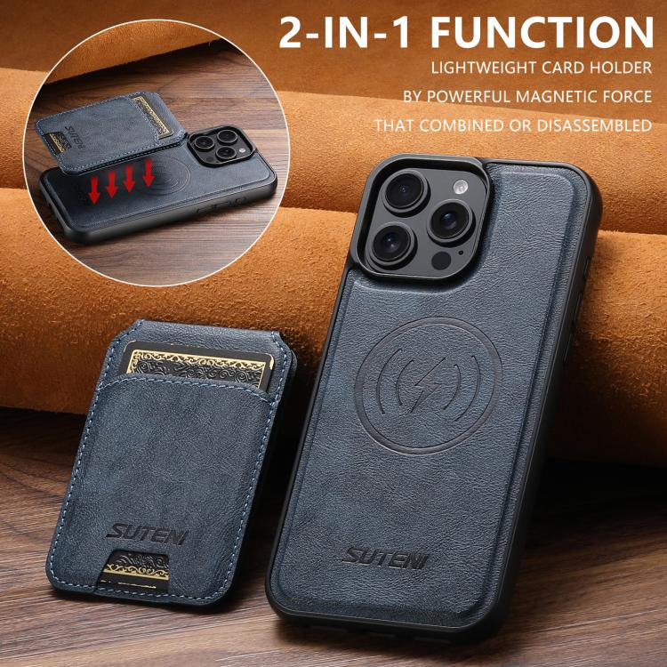 For iPhone 14 Suteni M5 Magnetic Card Bag MagSafe Cowhide Texture Leather Phone Case