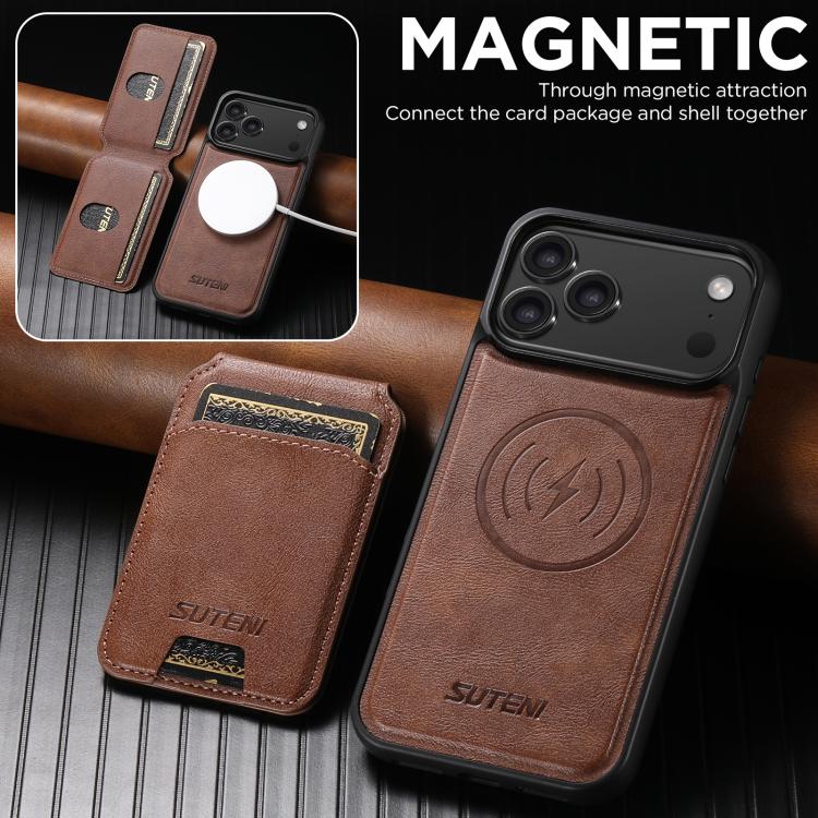 For iPhone 17 Pro Suteni M5 Magnetic Card Bag MagSafe Cowhide Texture Leather Phone Case