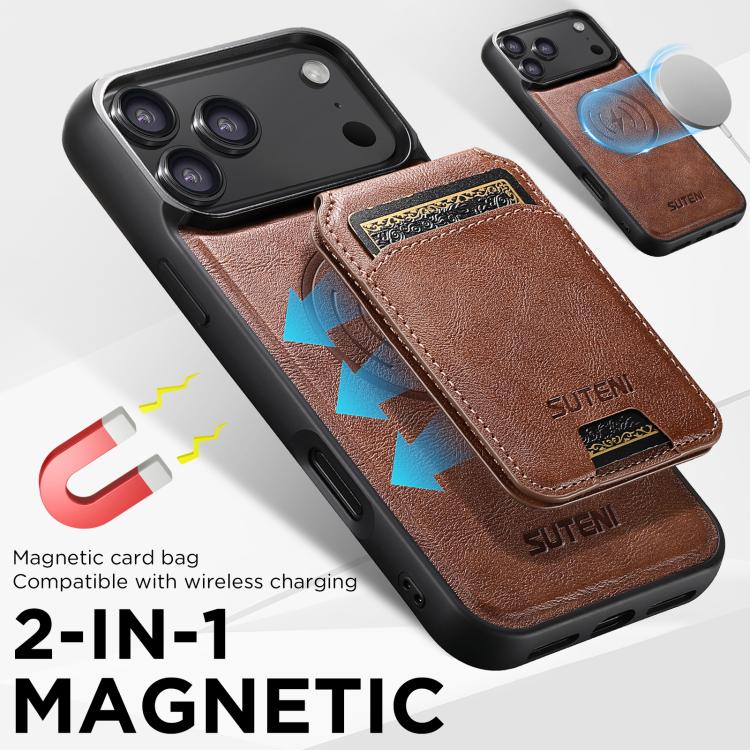 For iPhone 17 Pro Suteni M5 Magnetic Card Bag MagSafe Cowhide Texture Leather Phone Case