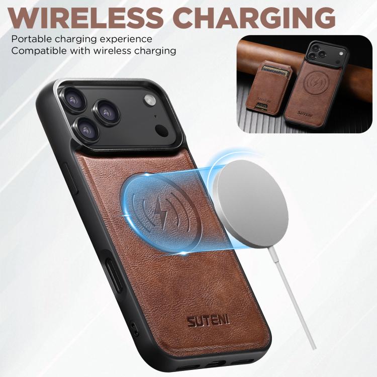 For iPhone 17 Pro Suteni M5 Magnetic Card Bag MagSafe Cowhide Texture Leather Phone Case