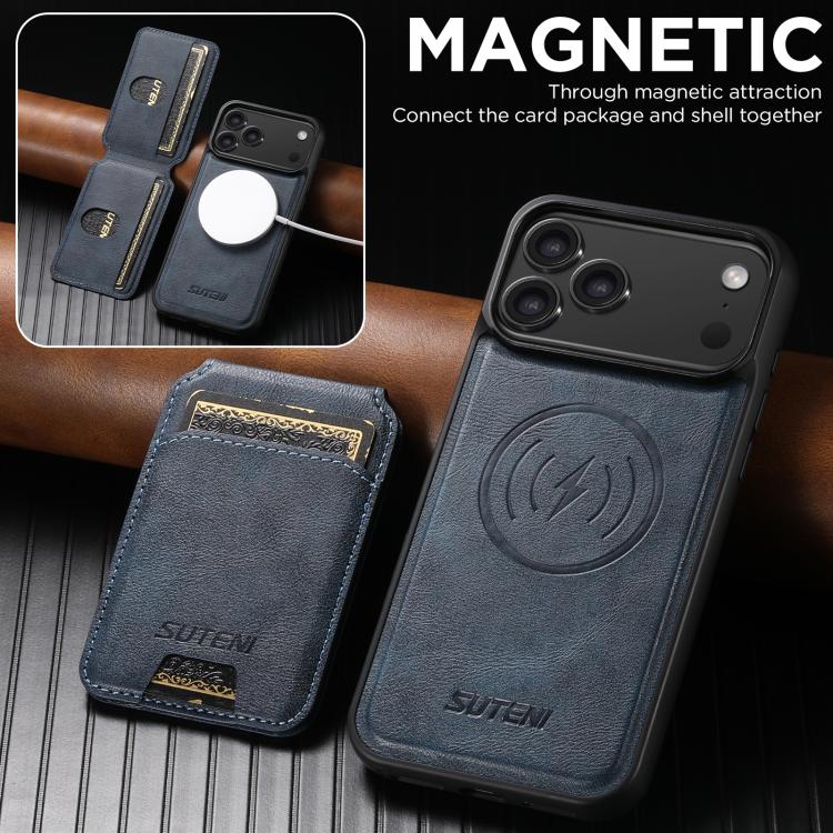 For iPhone 17 Pro Suteni M5 Magnetic Card Bag MagSafe Cowhide Texture Leather Phone Case