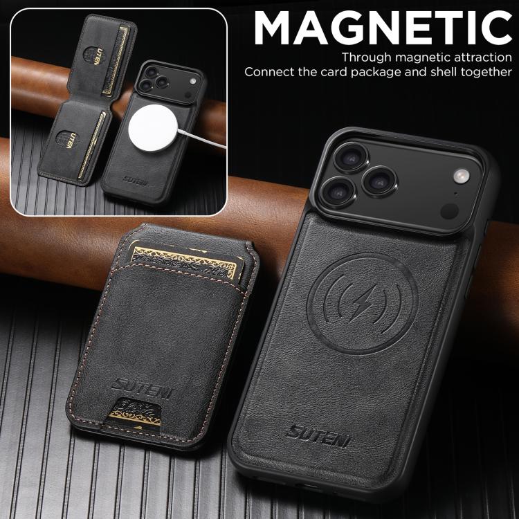 For iPhone 17 Suteni M5 Magnetic Card Bag MagSafe Cowhide Texture Leather Phone Case