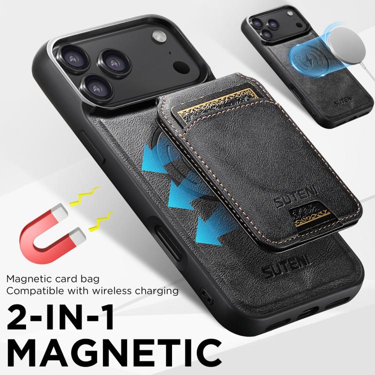 For iPhone 17 Suteni M5 Magnetic Card Bag MagSafe Cowhide Texture Leather Phone Case