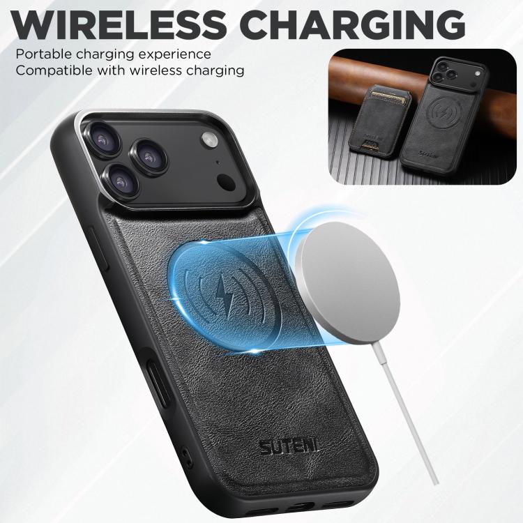 For iPhone 17 Suteni M5 Magnetic Card Bag MagSafe Cowhide Texture Leather Phone Case