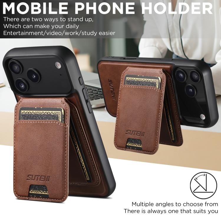 For iPhone 17 Suteni M5 Magnetic Card Bag MagSafe Cowhide Texture Leather Phone Case