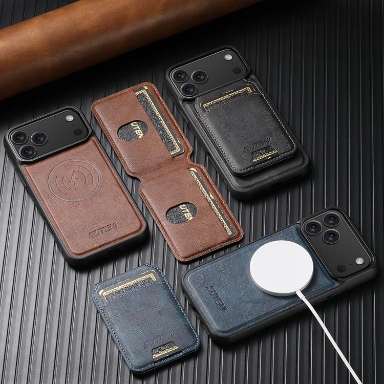 For iPhone 17 Suteni M5 Magnetic Card Bag MagSafe Cowhide Texture Leather Phone Case