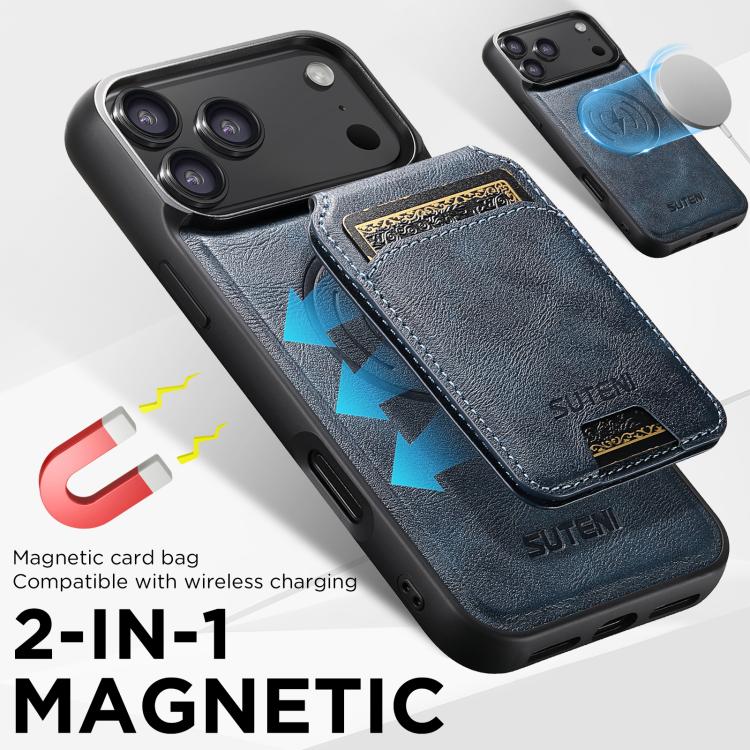 For iPhone 17 Suteni M5 Magnetic Card Bag MagSafe Cowhide Texture Leather Phone Case