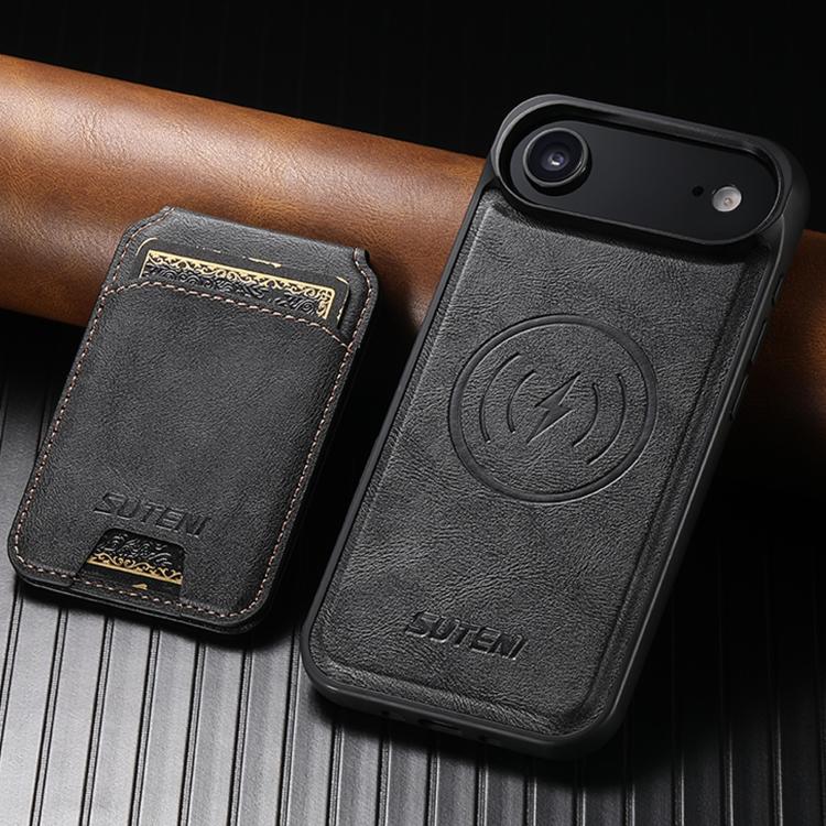 For iPhone Air Suteni M5 Magnetic Card Bag MagSafe Cowhide Texture Leather Phone Case