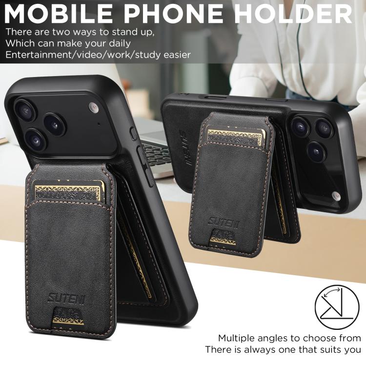 For iPhone Air Suteni M5 Magnetic Card Bag MagSafe Cowhide Texture Leather Phone Case