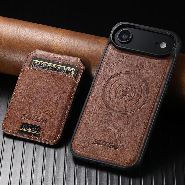 For iPhone Air Suteni M5 Magnetic Card Bag MagSafe Cowhide Texture Leather Phone Case