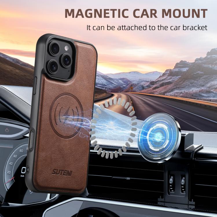 For iPhone 13 Pro Suteni G5 Cowhide Leather MagSafe Magnetic Phone Case